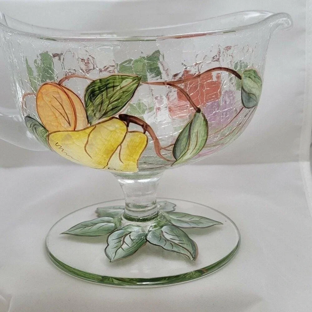 American Atelier Crackle Glass Fruit Gravy Boat Pitcher Romania‎ Hand Paint Leaf